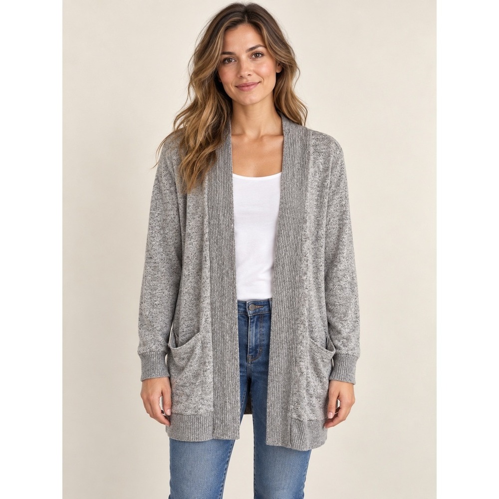 Market & Spruce Womens M Gray Open Front Cardigan Sweater Long Sleeve Pockets